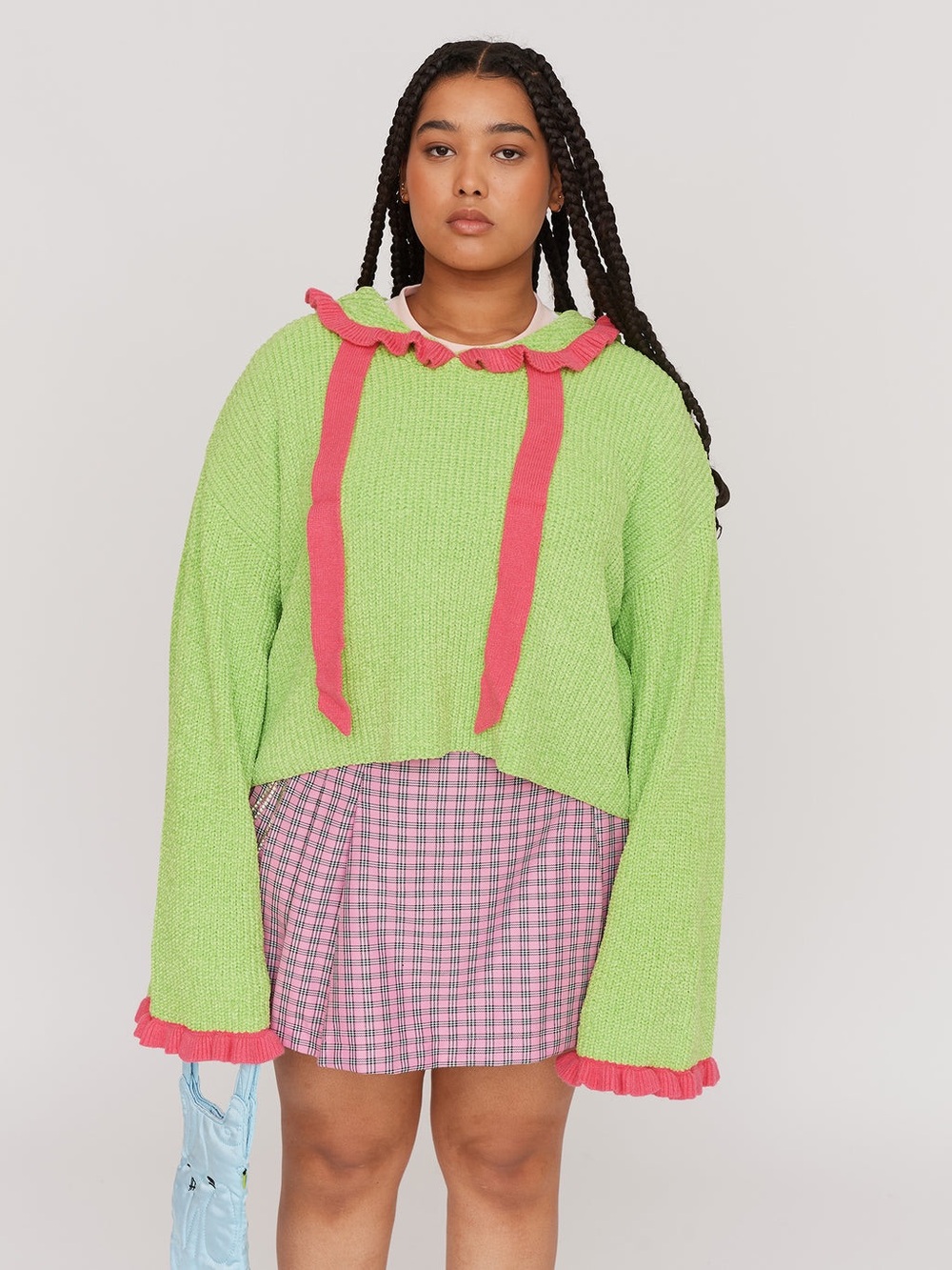 Lazy Oaf x Daddy Bears Horns knitted Lime Green hoodie with Pink Trim